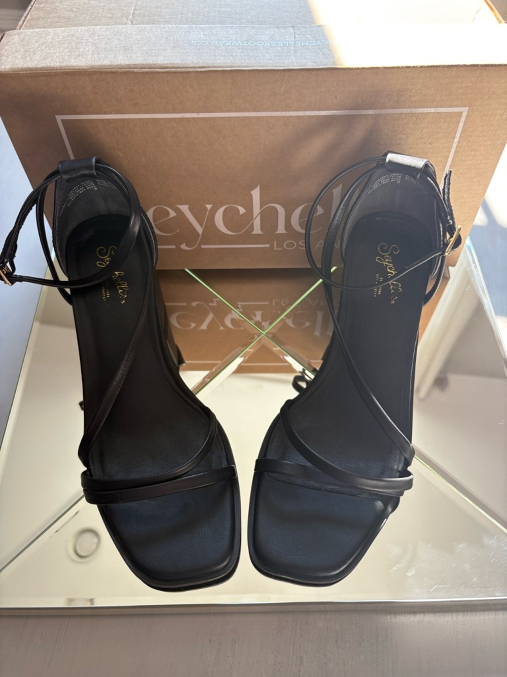 Seychelles Black Strappy Square-Toe Ankle Strap Heels